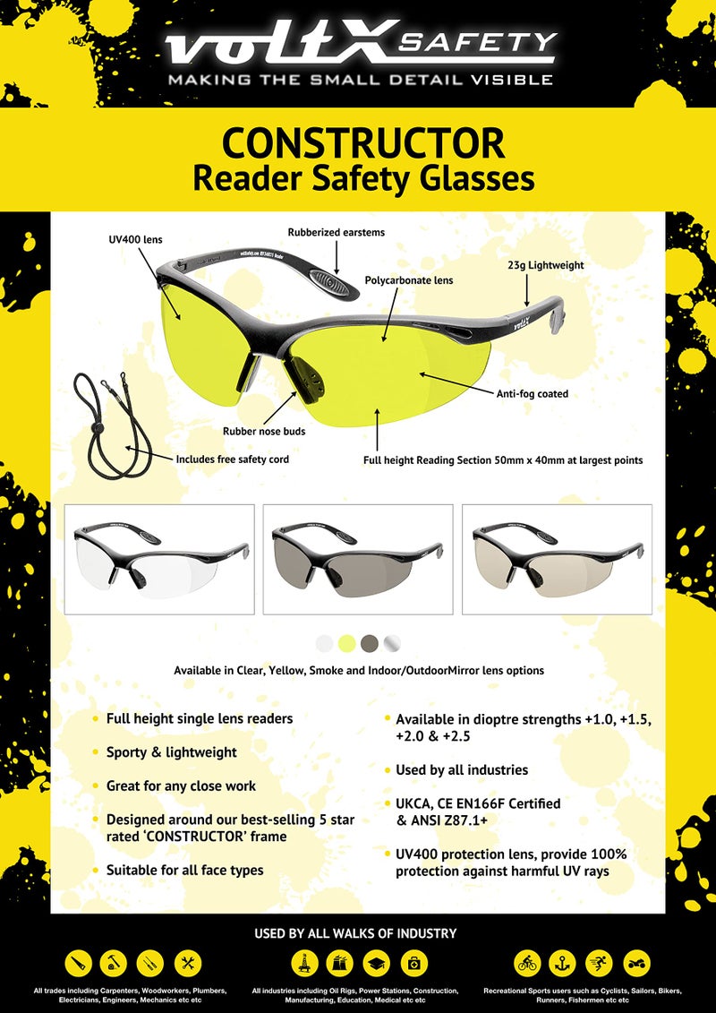 voltX 'Constructor' SAFETY READERS Full Lens Reading Safety Glasses (+1.5 Dioptre, Yellow) ANSI Z87.1+ & CE EN166F, Wraparound Style - Includes Safety Cord with headstop - UV400 anti fog coated lens - Image 3